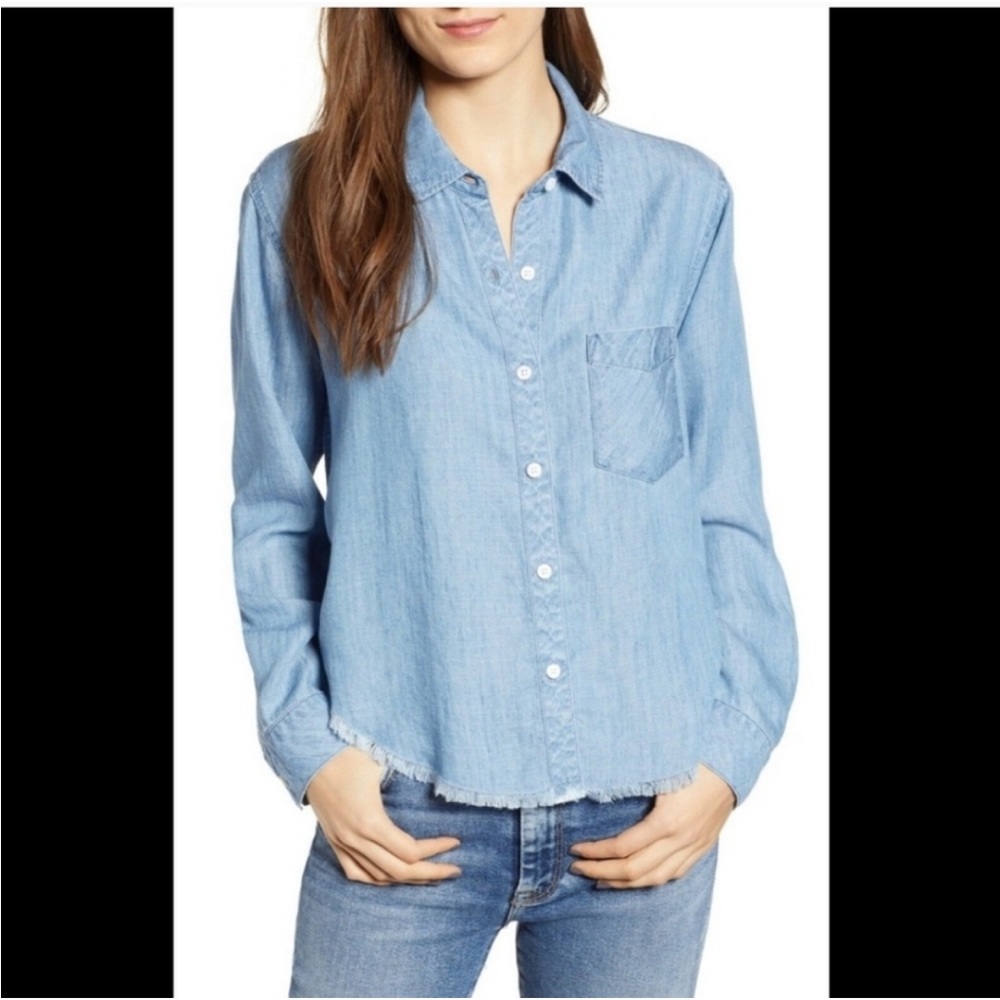 Rails Raw Hem Denim chambray Button Down Shirt size XS